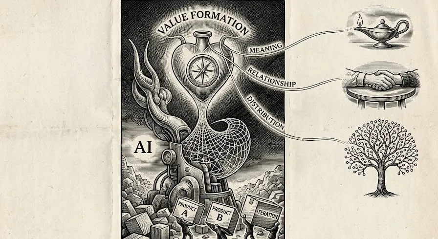 Etching-style illustration: an AI machine rises from a rubble of products and iterations, and value formation above it branches into meaning, relationship and distribution.