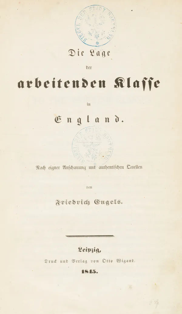 Title page of Friedrich Engels' Die Lage der arbeitenden Klasse in England, published in Leipzig in 1845.