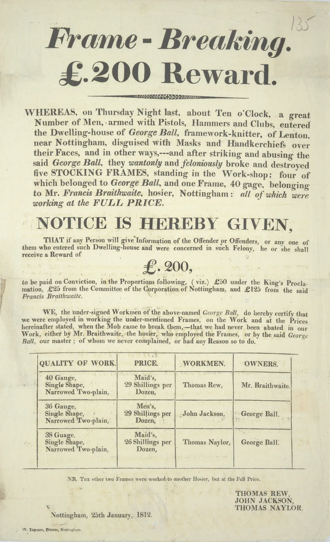 Frame-Breaking: £200 Reward notice, with a table of work, prices, workmen and frame owners, dated 25 January 1812.