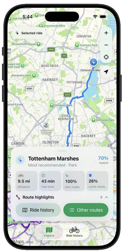 A suggested ride drawn on a map of north London.