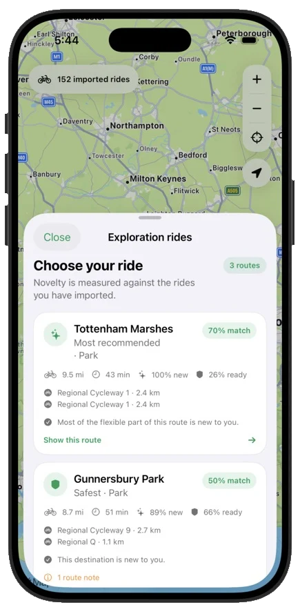 Three suggested rides, each with its distance, riding time and how much of it is new.
